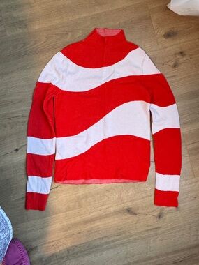 Mango Red & White Wave light Stripe Turtleneck Sweater